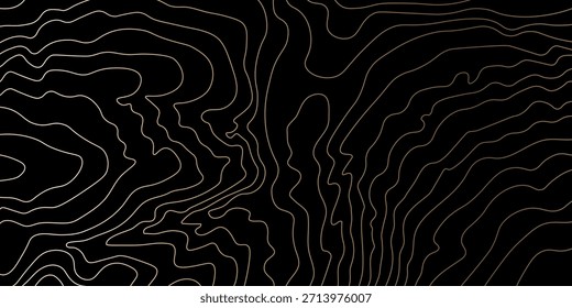 Gold topography lines flow across mountain peaks, creating luxurious art with Japanese-inspired contours and elegant design on black background. Horizontal vector pattern.