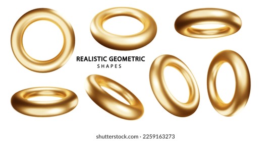 Gold torus shapes set isolated on white background. Golden glossy realistic primitives . Abstract decorative vector figure for trendy design