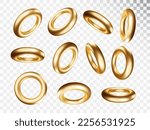 Gold Torus in various projections set isolated on transparent background. Gold realictick 3d primitives model for trendy design.