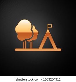Gold Tourist tent with flag icon isolated on black background. Camping symbol.  Vector Illustration