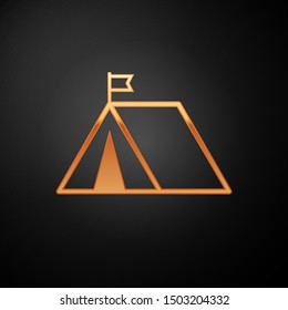Gold Tourist tent with flag icon isolated on black background. Camping symbol.  Vector Illustration