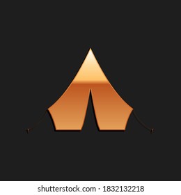 Gold Tourist tent icon isolated on black background. Long shadow style. Vector.