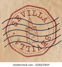 Gold Tower, Marchena, Seville, Spain Stamp City Travel Passport. Design Retro Symbol Country. Old Vintage Postmark.