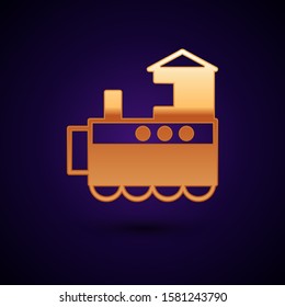 Gold Toy train icon isolated on dark blue background.  Vector Illustration