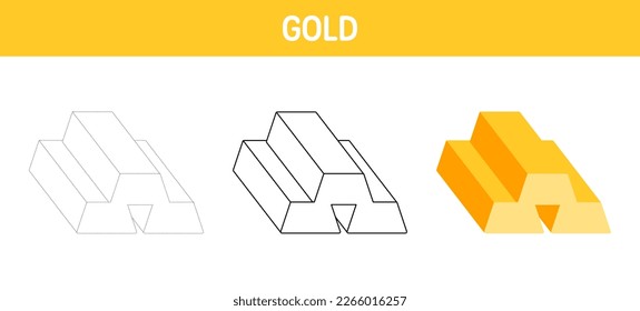 Gold tracing and coloring worksheet for kids