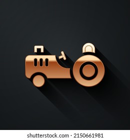 Gold Tractor icon isolated on black background. Long shadow style. Vector