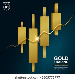 Gold Trading Candlestick Chart with Metallic Bars and Investment Graph in 3D Style for Financial Market Analysis