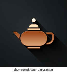 Gold Traditional Chinese tea ceremony icon isolated on black background. Teapot with cup. Long shadow style. Vector Illustration