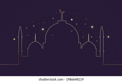 Gold traditional Islamic mosque outlines on purple background. Ramadan Kareem. Vector illustration