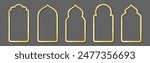 Gold traditional islamic window shape. Arabic golden frames, mosque arches on transparent background. Muslim architecture design elements of silhouette moroccan border or gate. Ramadan kareem doors.