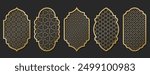 Gold traditional islamic window shape. Arabic golden frames, mosque arches isolated on black background. Muslim architecture design elements, silhouette moroccan borders or gates. Ramadan kareem doors