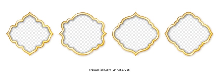 Forma de ventana islámica tradicional dorada. Marcos dorados de ramadán o arcos orientales árabes. Elementos de diseño de arquitectura musulmana, frontera árabe marroquí. Espejo de Eid Mubarak con fondo transparente