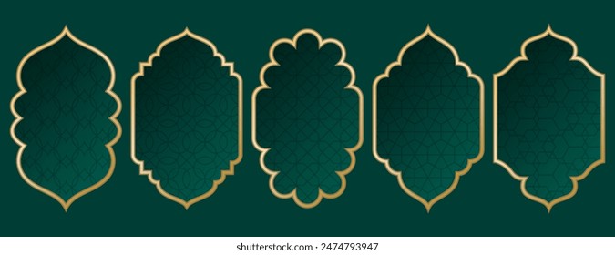 Gold traditionelle islamische Fensterform. Goldene Ramadanrahmen, Moscheebögen. Muslimische Architektur Design-Elemente der Silhouette marokkanische arabische Grenze oder Tür. Eid Mubarak Orientalischer Spiegel, arabisches Tor