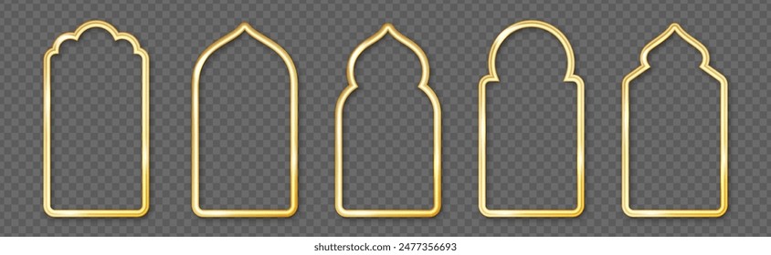 Gold traditional islamic window shape. Arabic golden frames, mosque arches on transparent background. Muslim architecture design elements of silhouette moroccan border or gate. Ramadan kareem doors.