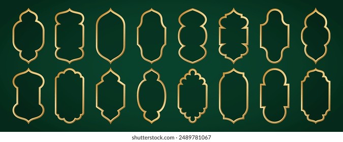 Gold traditional islamic window shapes. Ramadan doors, arabesque frames or mosque arches. Muslim architecture design element of golden silhouette moroccan arabic borders. Arabian gate, oriental mirror