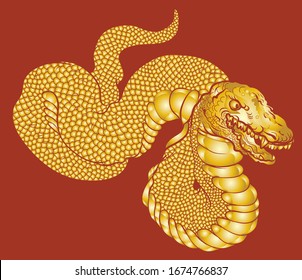 Gold traditional Japanese snake tattoo design.boa snake golden color and hand drawn style.Cobra tattoo on red