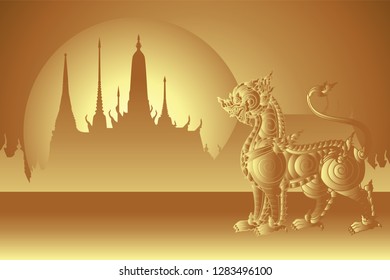 gold traditional lion with temple and sunshine background