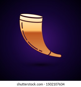 Gold Traditional ram horn, shofar icon isolated on dark blue background. Rosh hashanah, jewish New Year holiday traditional symbol.  Vector Illustration