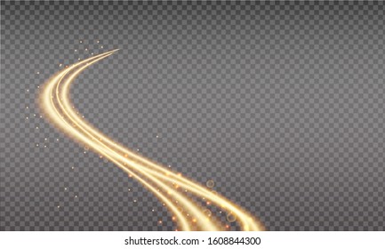 Gold Trail Isolated On Transparent Background. Luminescent Waved Trail With Bright Bokeh And Sparkles. Swoosh With Stradust.