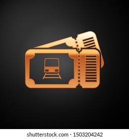 Gold Train ticket icon isolated on black background. Travel by railway.  Vector Illustration