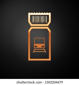 Gold Train ticket icon isolated on black background. Travel by railway.  Vector Illustration