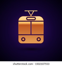Gold Tram and railway icon isolated on dark blue background. Public transportation symbol.  Vector Illustration
