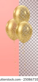 Globo transparente dorado. Globos realistas de lujo con brillo 3D. Fiesta de Navidad, cumpleaños y decoración de aniversario. Elemento de diseño de vacaciones de celebración. Ilustración vectorial.