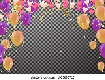 Gold transparent balloon on background balloons, vector illustration. Confetti and ribbons, Celebration background template with
