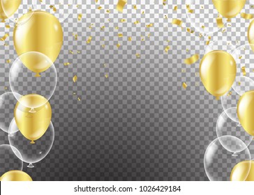 Gold transparent balloon on background balloons, vector illustration. Confetti and ribbons, Celebration background template with