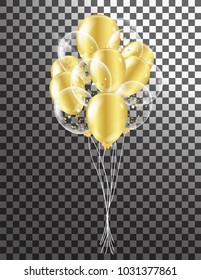 Gold transparent balloon on background, balloons, vector illustration. Confetti and ribbons, Celebration background template with