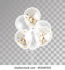 Gold transparent balloon on background. Frosted party balloons for event design. Balloons isolated in the air. Party decorations for birthday, anniversary, celebration. Shine transparent balloon.