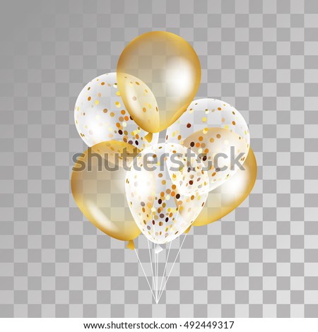 Gold transparent balloon on background. Frosted party balloons for event design. Balloons isolated in the air. Party decorations for birthday, anniversary, celebration. Shine transparent balloon.