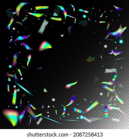 Gold Transparent Falling Particles. Blue, Purple, Green Celebration Background. Falling Holograph Confetti. Holo Glitch Effect Rainbow Tinsel.  Gradient Overlay Glare Foil Tinsel. Rainbow Tinsel.