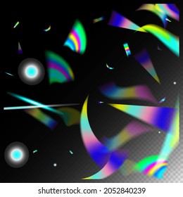 Gold Transparent Falling Particles.  Gradient Overlay Glare Foil Tinsel. Flying Hologram Confetti. Rainbow Tinsel. Holo Glitch Effect Rainbow Tinsel. Blue, Purple, Green Celebration Background.