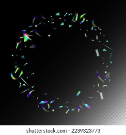 Gold Transparent Falling Particles. Holo Glitch Effect Rainbow Bokeh. Blue, Purple, Green Celebration Background.  Gradient Overlay Neon Foil Tinsel. Rainbow Tinsel. Flying Holograph Confetti.