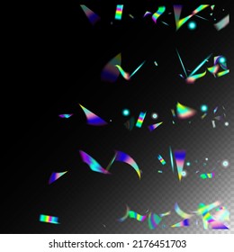 Gold Transparent Falling Particles. Falling Holograph Confetti. Holo Glitch Effect Rainbow Lights. Rainbow Tinsel.  Gradient Overlay Neon Foil Tinsel. Blue, Purple, Green Celebration Background.