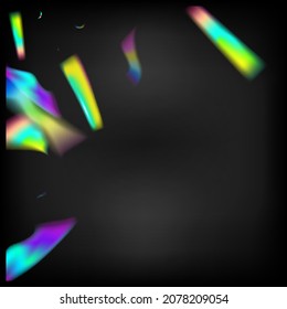 Gold Transparent Falling Particles. Rainbow Tinsel.  Gradient Overlay Vivid Foil Tinsel. Blue, Purple, Green Celebration Background. Flying Holograph Confetti. Holo Glam Effect Rainbow Lights.