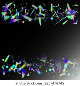 Gold Transparent Falling Particles. Rainbow Tinsel. Blue, Purple, Green Celebration Background. Flying Holograph Confetti.  Gradient Overlay Glare Foil Tinsel. Holo Glam Effect Rainbow Tinsel.