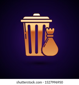 Gold Trash can and garbage bag icon isolated on dark blue background. Garbage bin sign. Recycle basket icon. Office trash icon.  Vector Illustration