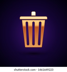 Gold Trash can icon isolated on dark blue background. Garbage bin sign. Recycle basket icon. Office trash icon.  Vector Illustration
