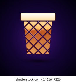 Gold Trash can icon isolated on dark blue background. Garbage bin sign. Recycle basket icon. Office trash icon.  Vector Illustration
