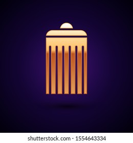 Gold Trash can icon isolated on dark blue background. Garbage bin sign. Recycle basket icon. Office trash icon.  Vector Illustration