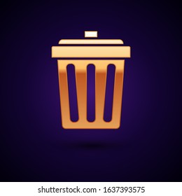 Gold Trash can icon isolated on dark blue background. Garbage bin sign. Recycle basket icon. Office trash icon.  Vector Illustration