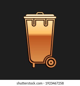 Gold Trash can icon isolated on black background. Garbage bin sign. Recycle basket icon. Office trash icon. Long shadow style. Vector