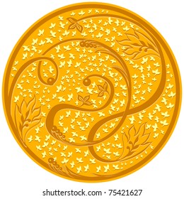Gold tray decorated with floral ornaments.
