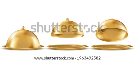 Gold trays with cloches Isolated on White Background. Vector illustration