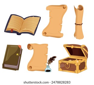 gold treasure book and scroll icon, vector illustration.