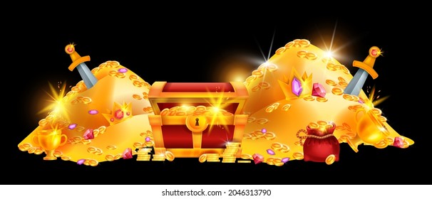 Gold treasure pile, vector pirate coin chest, red money bag, medieval hidden jewel crown game background. Fantasy abundance illustration, shiny full trunk, gemstone, cup. Gold treasure clipart, sword
