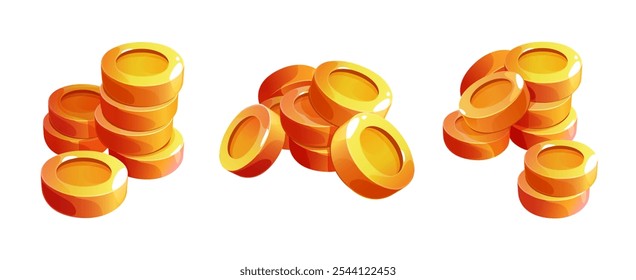 Estacas de tesouro de ouro com moedas brilhantes empilhadas. Escombreiras de tamanhos diferentes com superfície metálica brilhante. Elementos de moeda do jogo móvel - prêmios de dinheiro de ouro espalhados. Vetor de desenhos animados de pilhas de moedas.