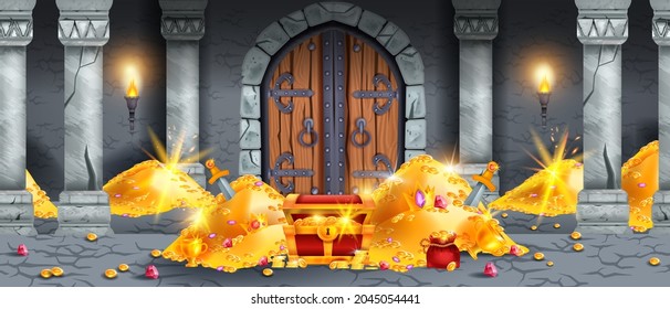 Gold treasure vector background, medieval old chest, coin pile, seamless castle dungeon game level. Ancient interior, hidden jewelry trunk, gemstone, wooden gate, torch. Gold treasure abundance banner